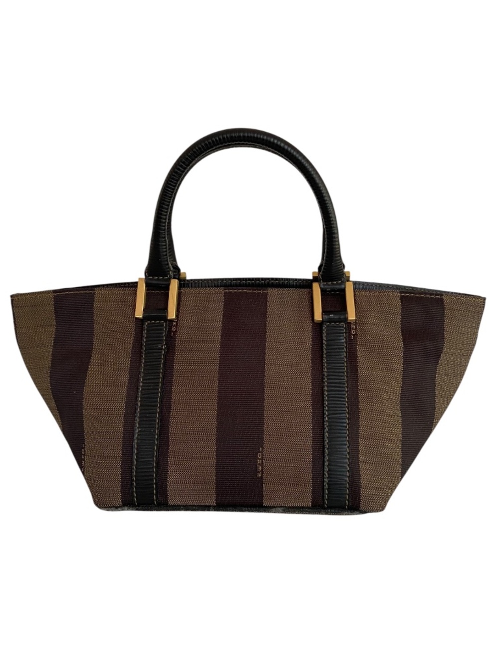 Fendi Small Pequin Stripe Handbag Brown and Black w Leather Handles - Authentic